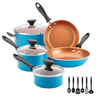 Experience the delightful charm of the 14-Piece Ceramic Nonstick Cookware Set by Farberware Reliance Pro, showcasing blue pans and pots with a non-stick Copper Ceramic coating, paired with elegant black utensils. Ideal for any kitchen, this set guarantees easy cooking and hassle-free cleanup.