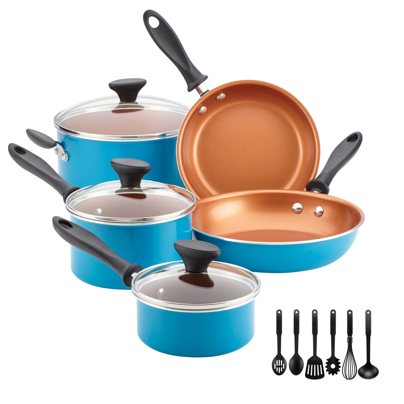 Experience the delightful charm of the 14-Piece Ceramic Nonstick Cookware Set by Farberware Reliance Pro, showcasing blue pans and pots with a non-stick Copper Ceramic coating, paired with elegant black utensils. Ideal for any kitchen, this set guarantees easy cooking and hassle-free cleanup.
