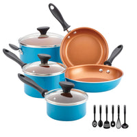 Experience the delightful charm of the 14-Piece Ceramic Nonstick Cookware Set by Farberware Reliance Pro, showcasing blue pans and pots with a non-stick Copper Ceramic coating, paired with elegant black utensils. Ideal for any kitchen, this set guarantees easy cooking and hassle-free cleanup.