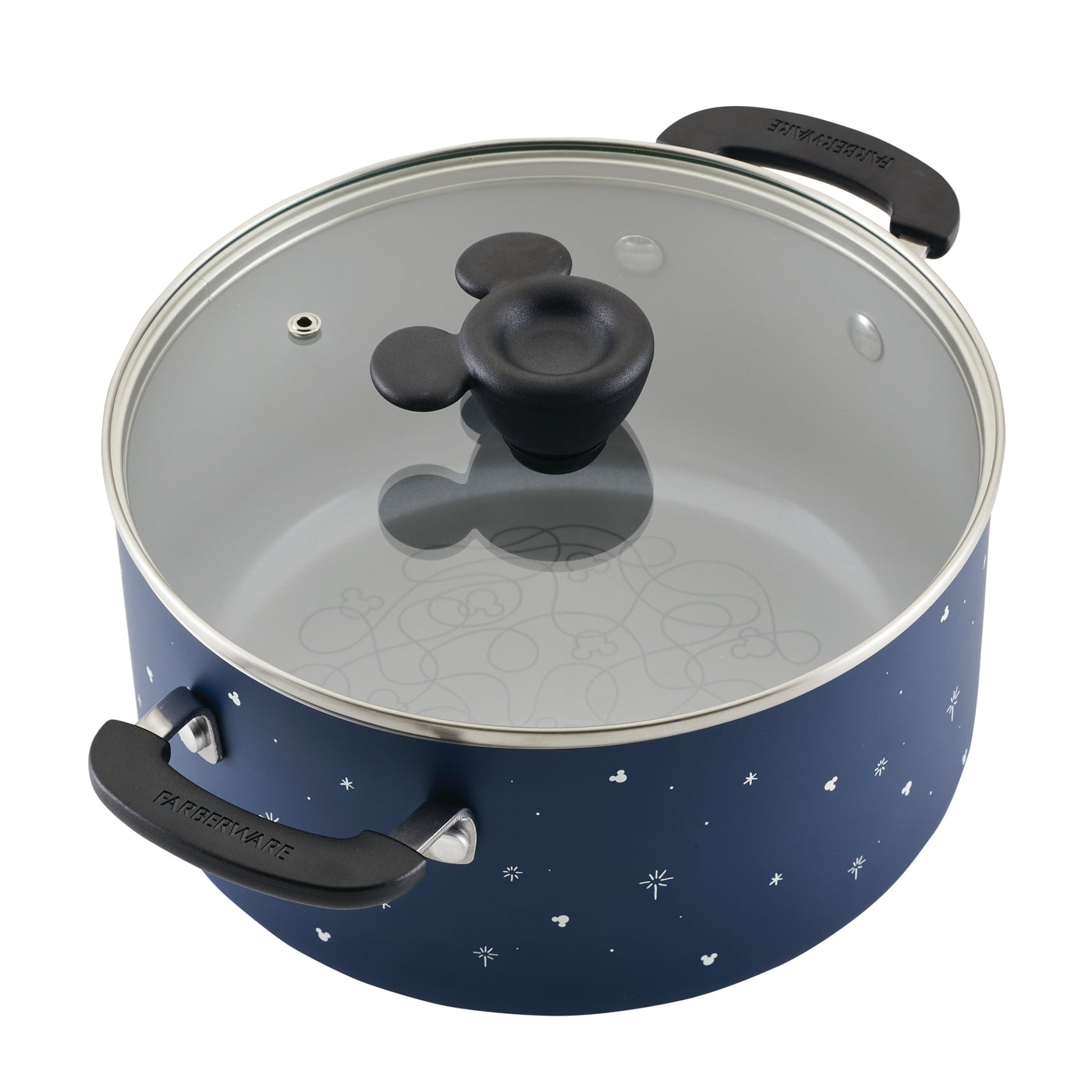 Bon Voyage 5.5-Quart Ceramic Nonstick Stockpot with Lid, showcasing a vibrant design with a star pattern and a playful mouse-shaped knob reminiscent of Disney's Mickey Mouse.
