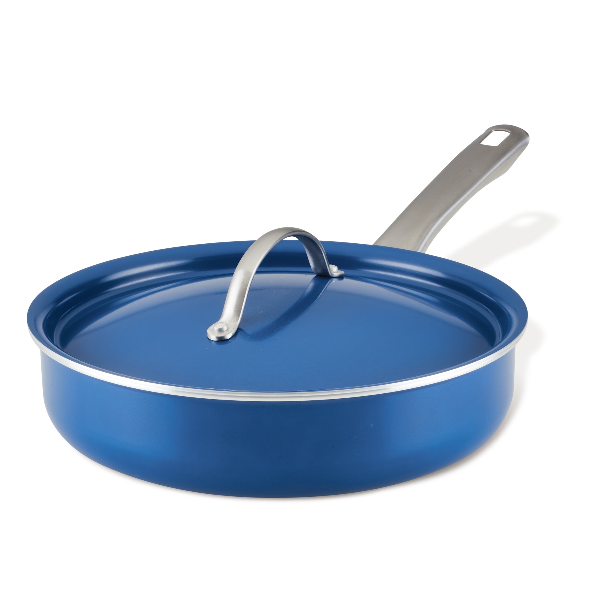 Introducing the 2.75 Quart Ceramic Nonstick Saute Pan with Lid: an elegant blue frying pan with a silver handle and lid, set against a white background. This modern cookware is designed for durability and boasts a healthy ceramic nonstick surface.