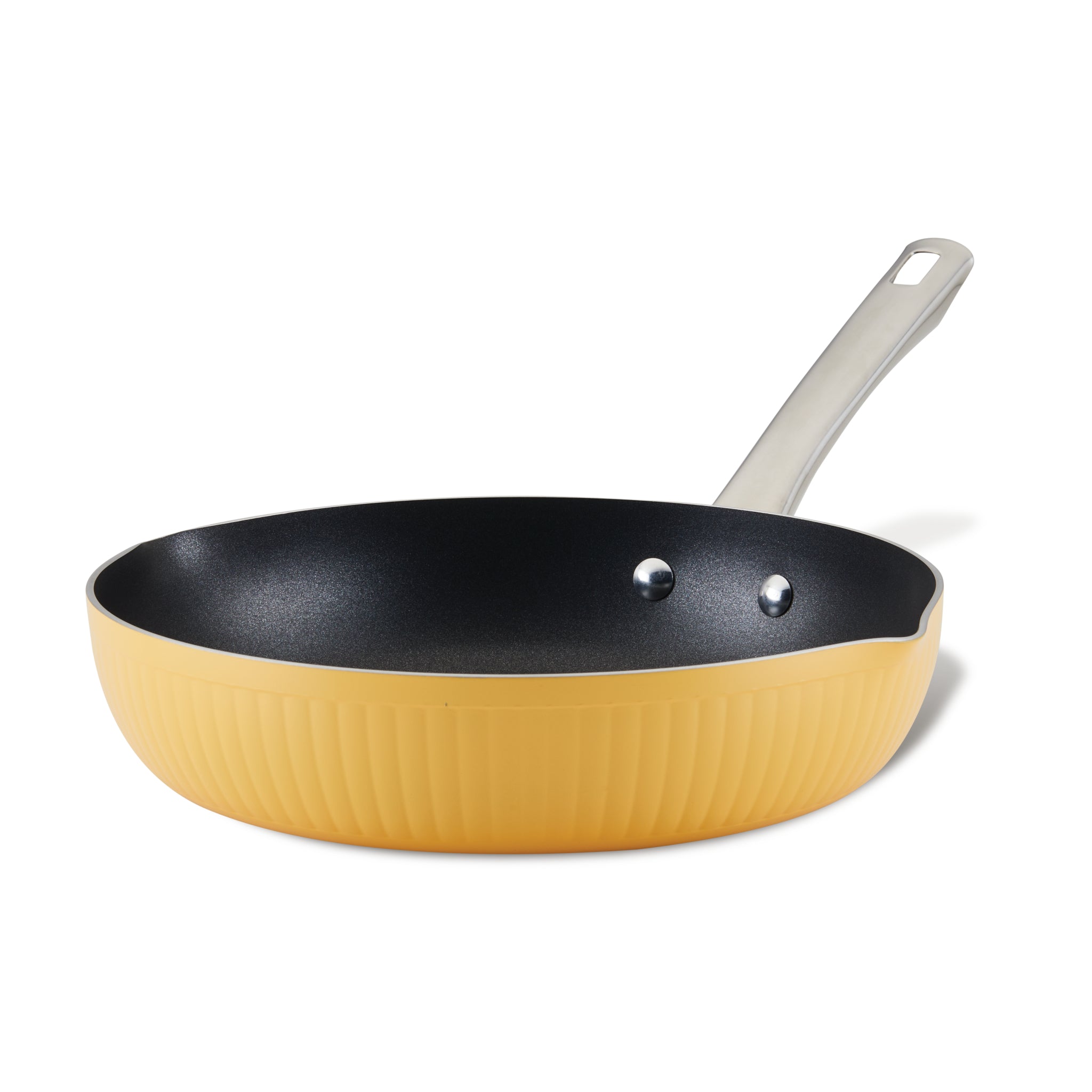 11.25-Inch Style Nonstick Cookware Frying Pan in yellow, showcasing a stainless steel handle against a white background, enhanced with DiamondMax™ Nonstick technology for superior cooking performance.