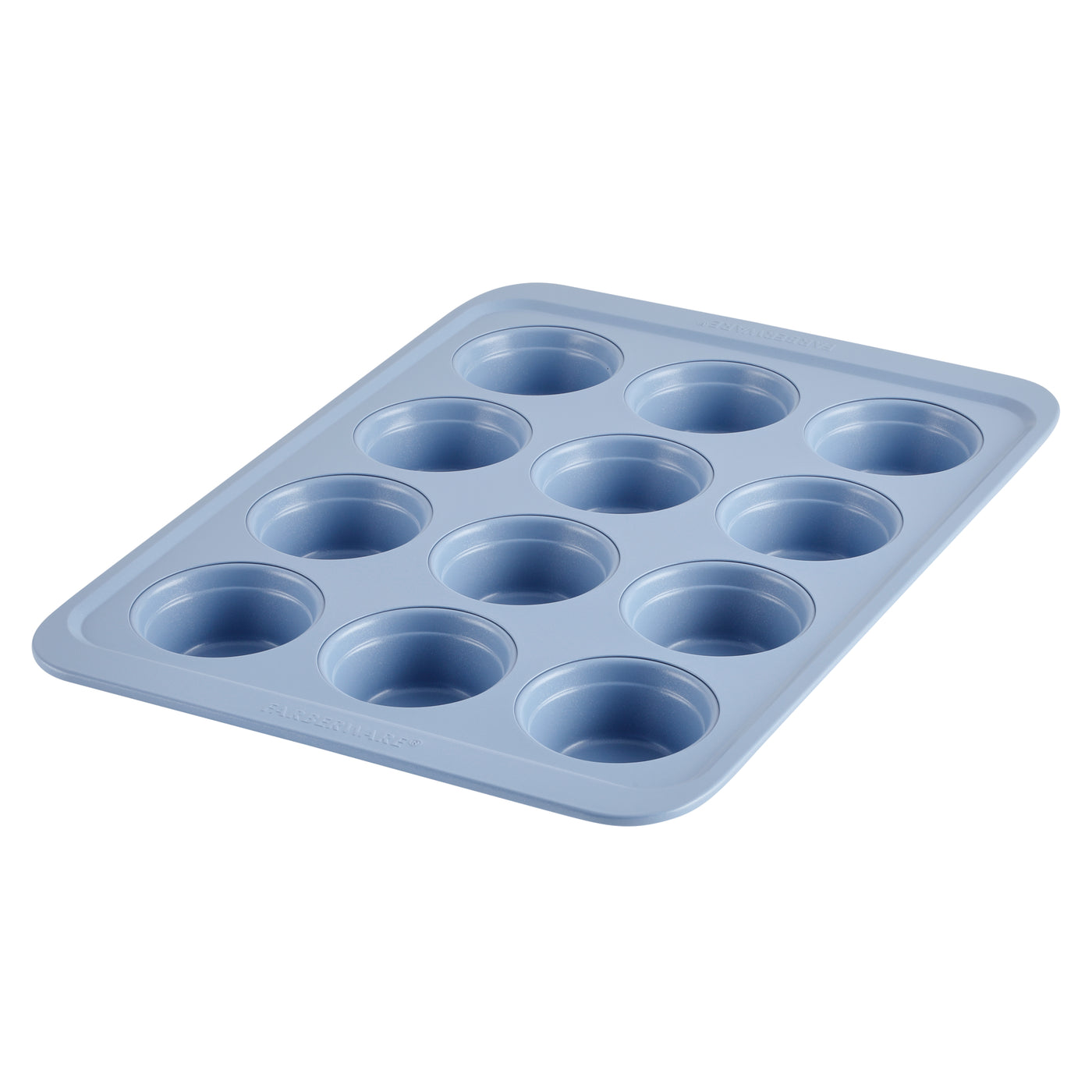 Farberware Easy Solutions offers the 12-Cup Nonstick Muffin and Cupcake Pan in blue, featuring twelve nonstick cup molds made from durable heavy-duty steel for enduring performance and convenience.