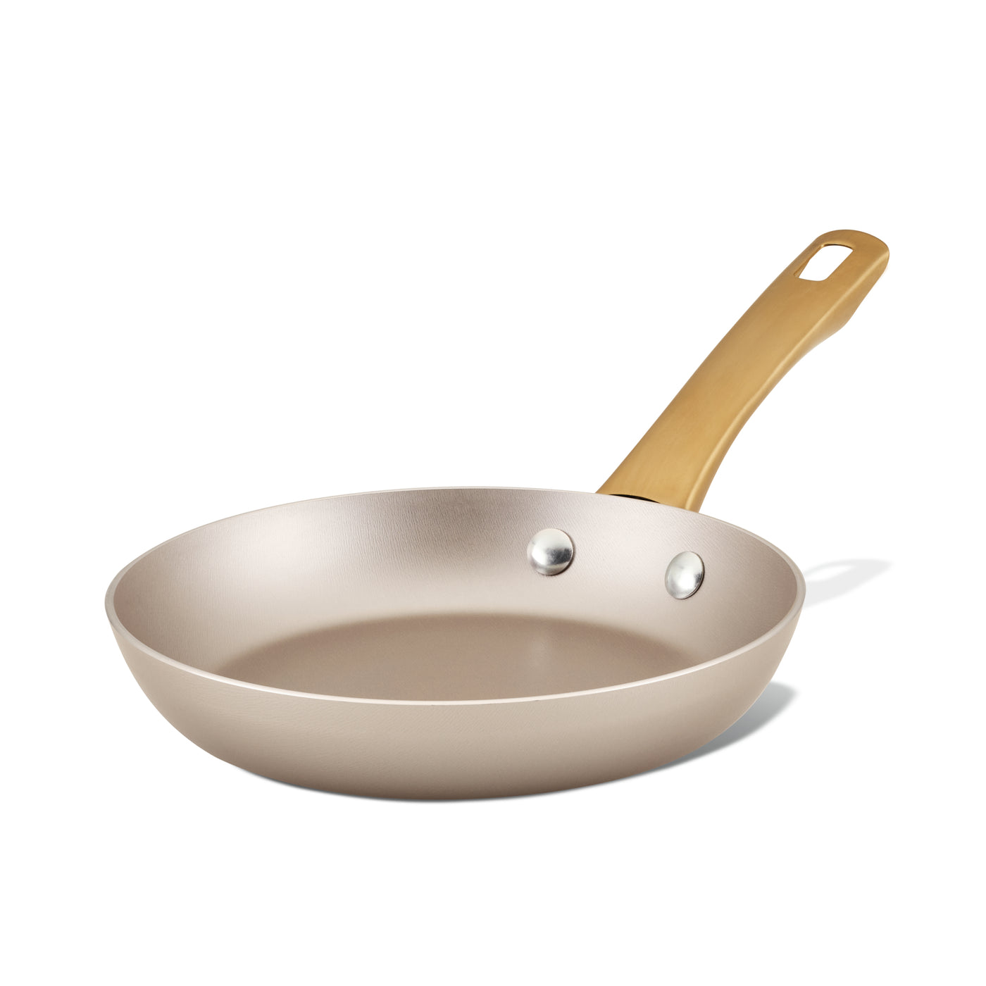 The Radiant Nonstick Frying Pan features a champagne-colored coating with a wooden handle, providing even heat distribution and a sleek beige finish.