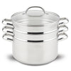 Induction-ready 6-Quart Stainless Steel Steamer Set with glass lids and basket.