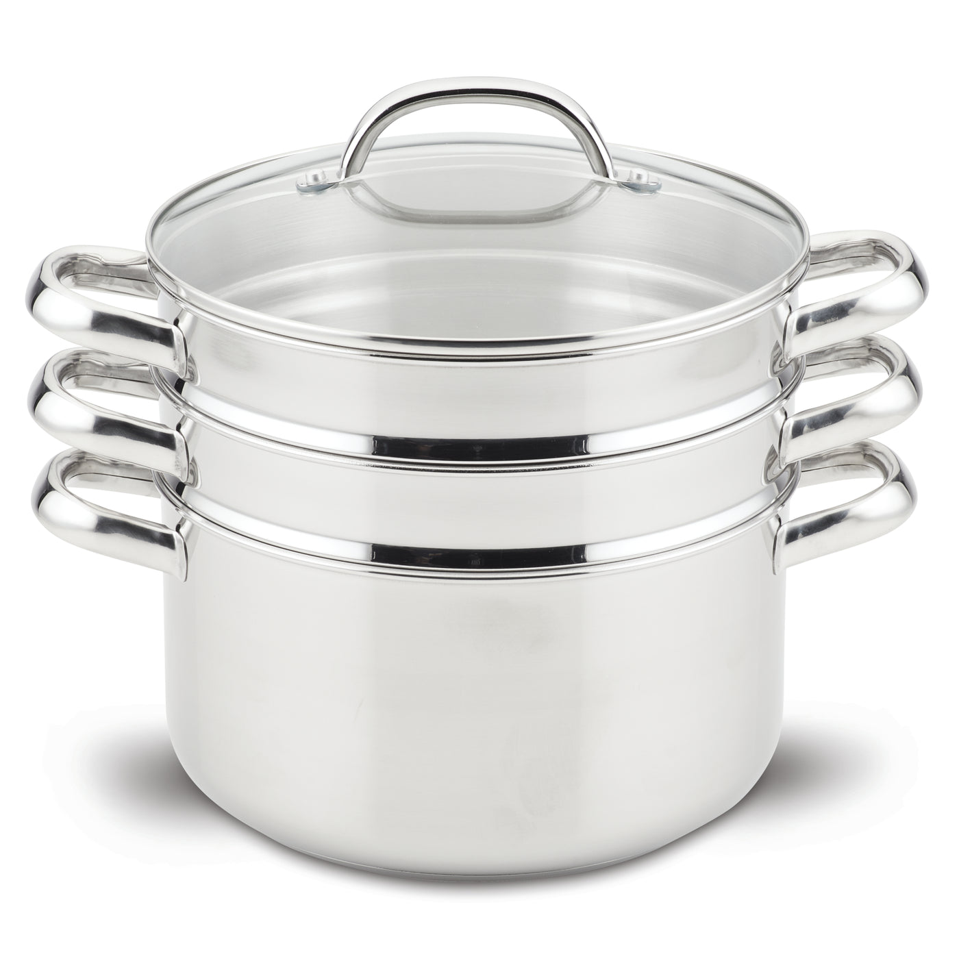 Induction-ready 6-Quart Stainless Steel Steamer Set with glass lids and basket.