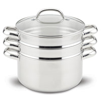 Induction-ready 6-Quart Stainless Steel Steamer Set with glass lids and basket.