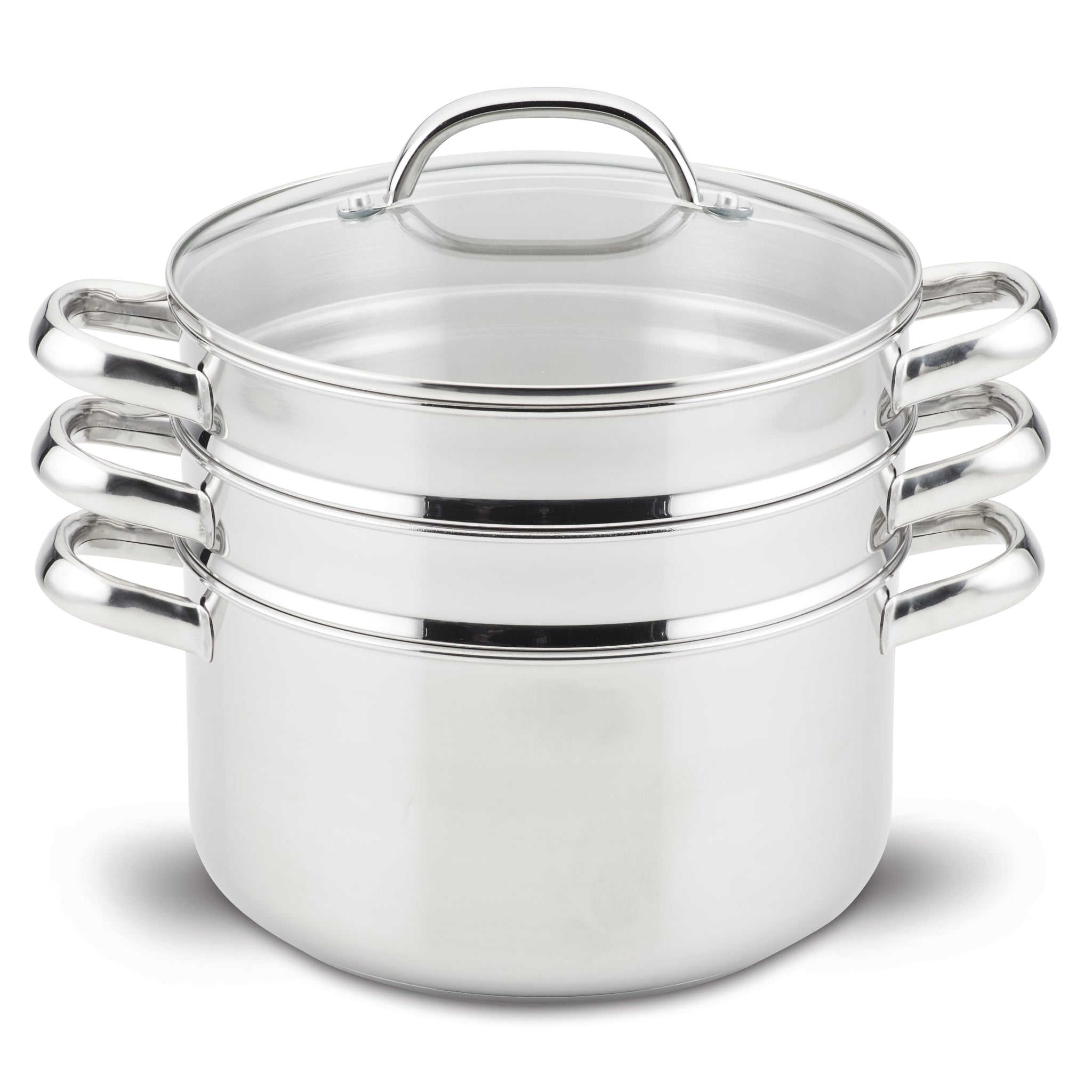 Induction-ready 6-Quart Stainless Steel Steamer Set with glass lids and basket.
