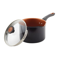 Black saucepan with a glass lid and ergonomic handle.