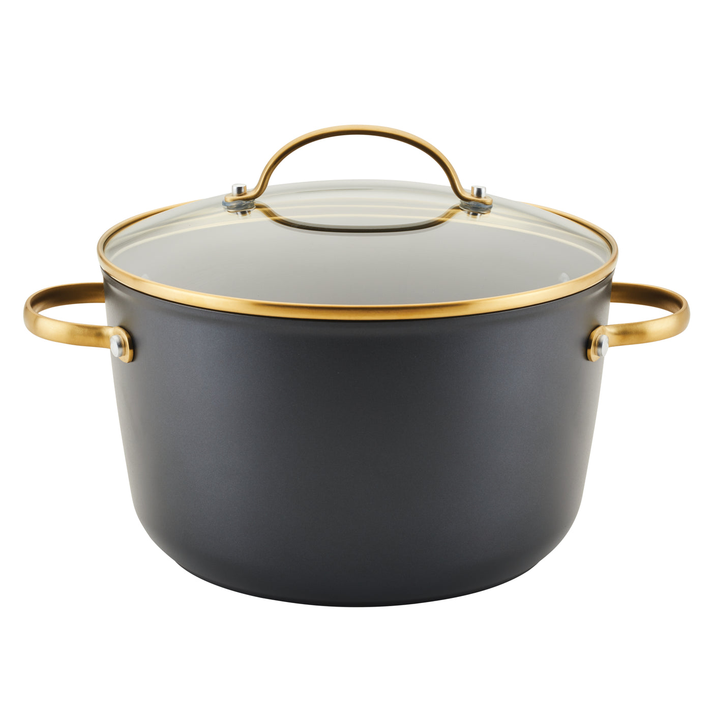 The Forged Induction Ceramic 6-Quart Stockpot With Lid is crafted from forged aluminum and comes with a glass lid and gold handles. This black pot, set against a white background, boasts an induction-ready ceramic nonstick surface for effortless cooking and easy cleanup.