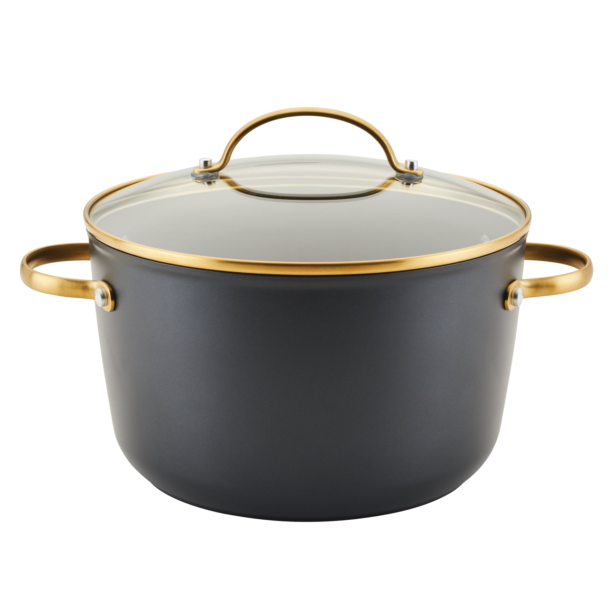 The Forged Induction Ceramic 6-Quart Stockpot With Lid is crafted from forged aluminum and comes with a glass lid and gold handles. This black pot, set against a white background, boasts an induction-ready ceramic nonstick surface for effortless cooking and easy cleanup.