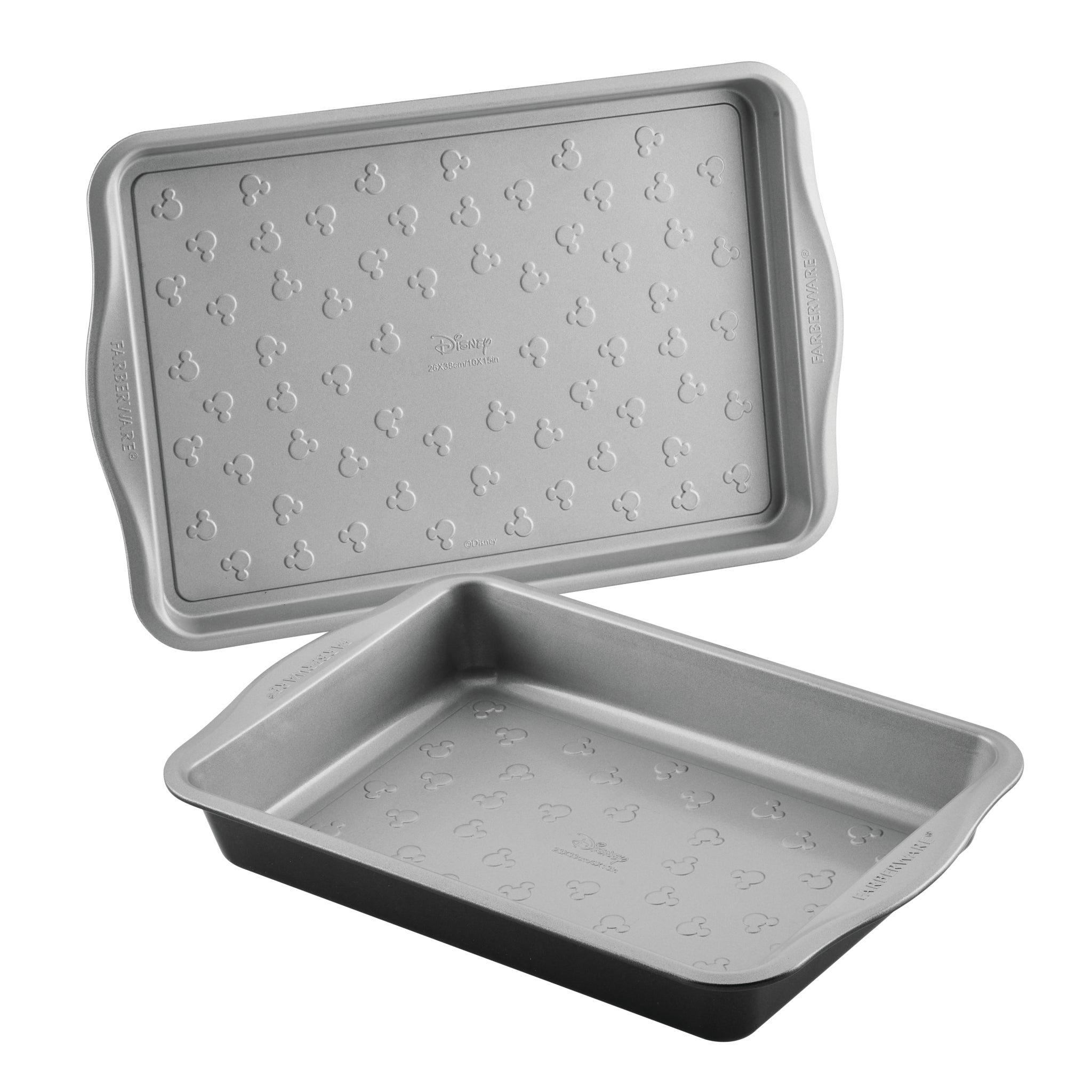 2-piece gray Disney bakeware set with embossed patterns and handles.