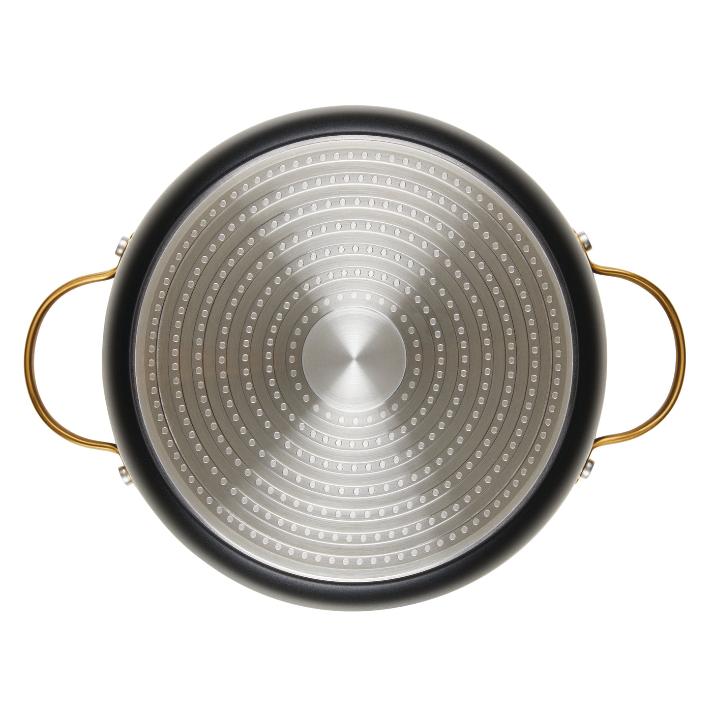 Top view of a Forged Induction Ceramic 6-Quart Stockpot With Lid featuring two golden handles.