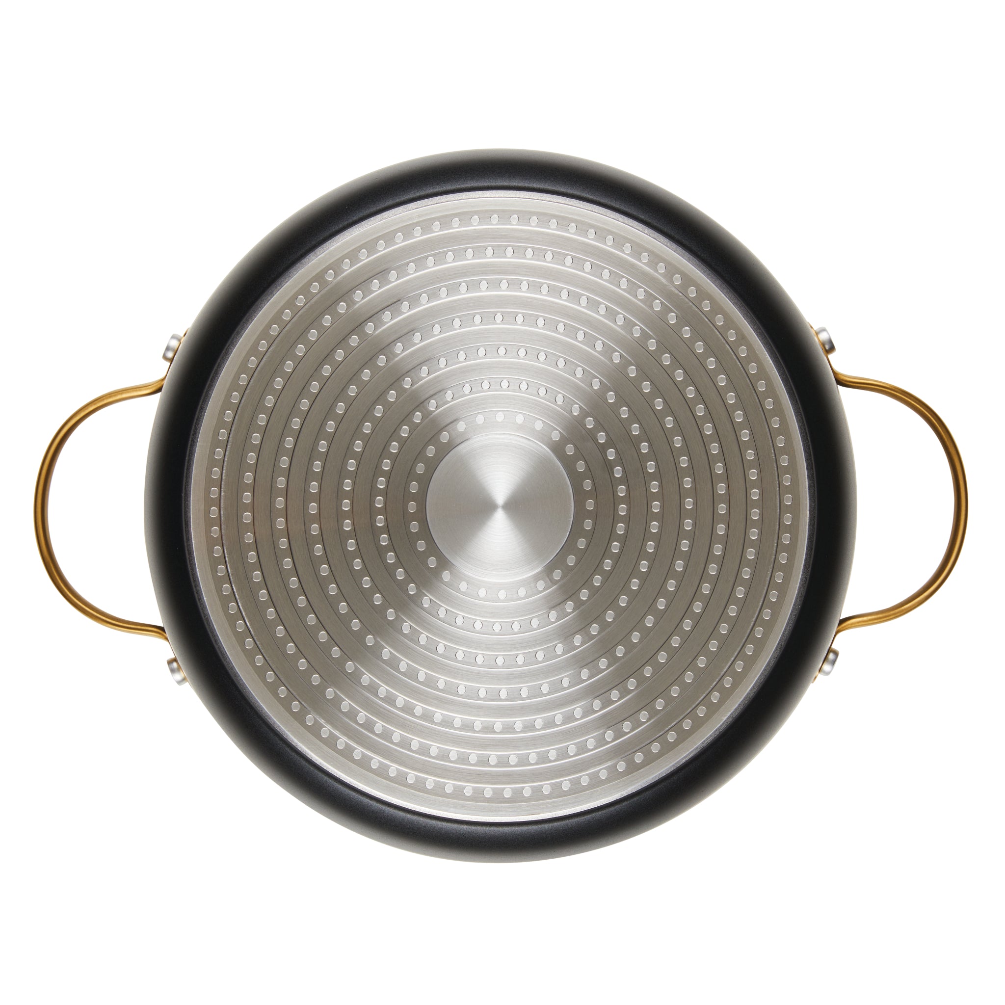 Top view of a Forged Induction Ceramic 6-Quart Stockpot With Lid featuring two golden handles.