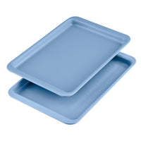 Two blue 10-Inch x 15-Inch Nonstick Baking Sheets featuring a simple round pattern, crafted from heavy-duty steel construction with nonstick surfaces. Dishwasher safe for convenience.