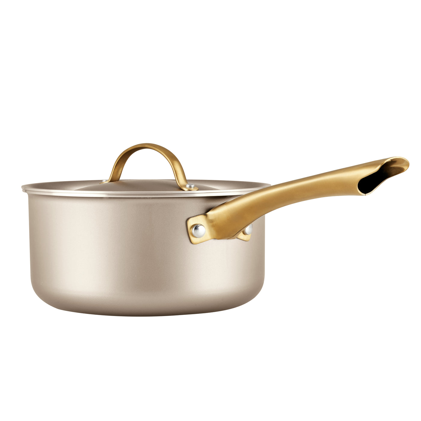 The Radiant Nonstick 2-Quart Saucepan With Lid offers a sleek silver design with a nonstick coating, complemented by a gold handle for added elegance and even heat distribution.