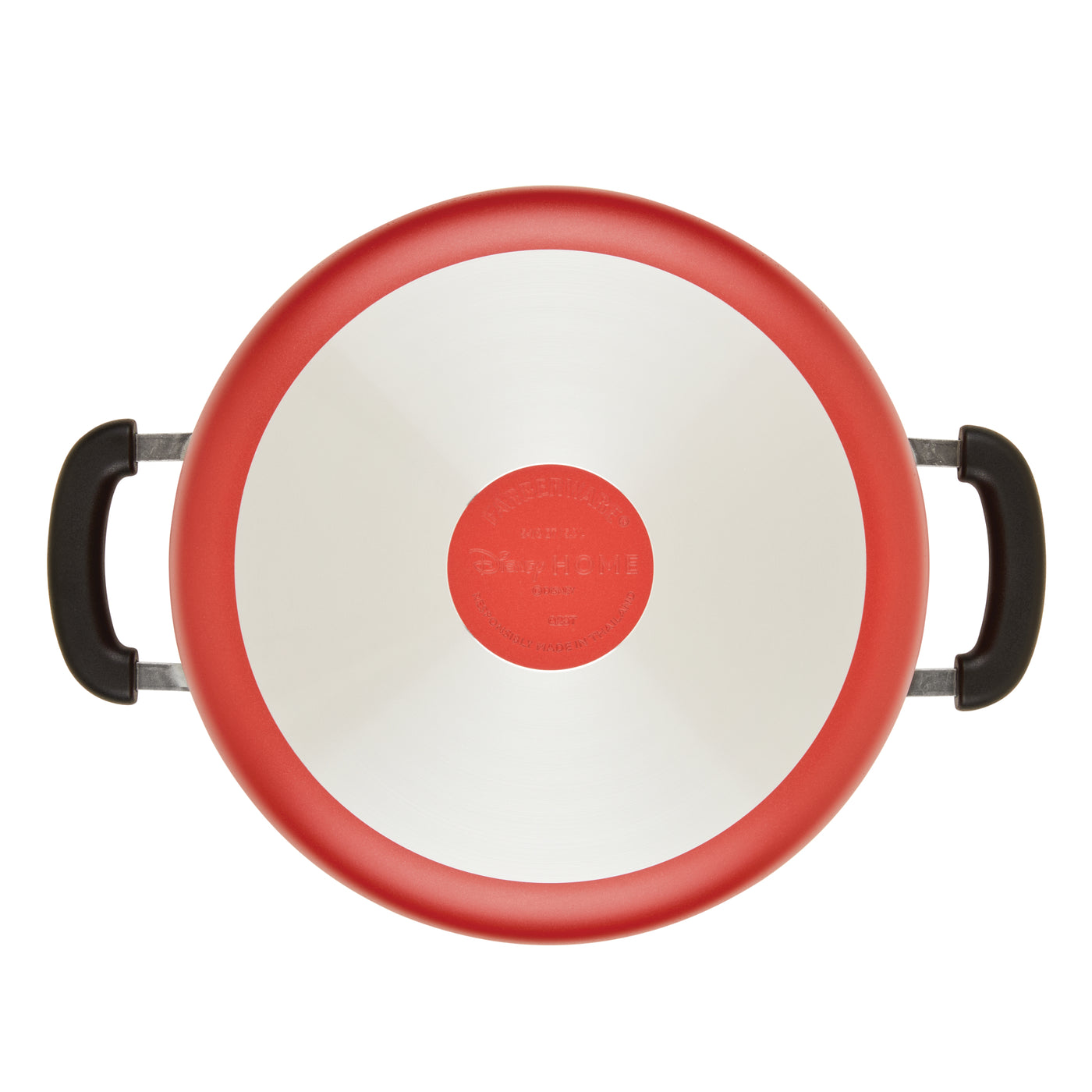 Top view of the Bon Voyage 5.5-Quart Ceramic Nonstick Stockpot with Lid, featuring a red and silver design with two black handles, exuding playful vibrancy.