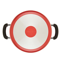 Top view of the Bon Voyage 5.5-Quart Ceramic Nonstick Stockpot with Lid, featuring a red and silver design with two black handles, exuding playful vibrancy.