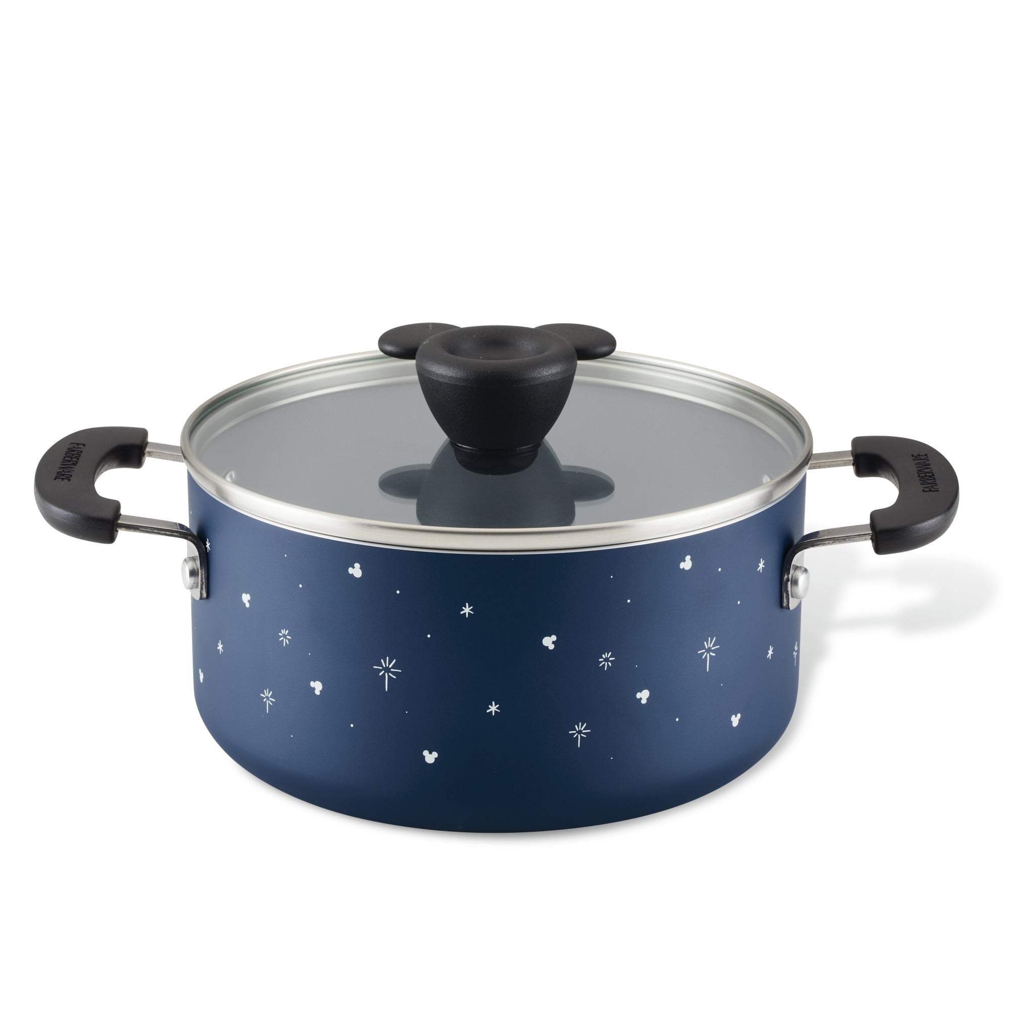 Embark on your culinary nautical adventures with the Bon Voyage 3-Quart Ceramic Nonstick Saucepot. This blue, star-patterned pot comes with a glass lid and black handles, making it the perfect choice for any chef. It seamlessly blends style and practicality in your kitchen.