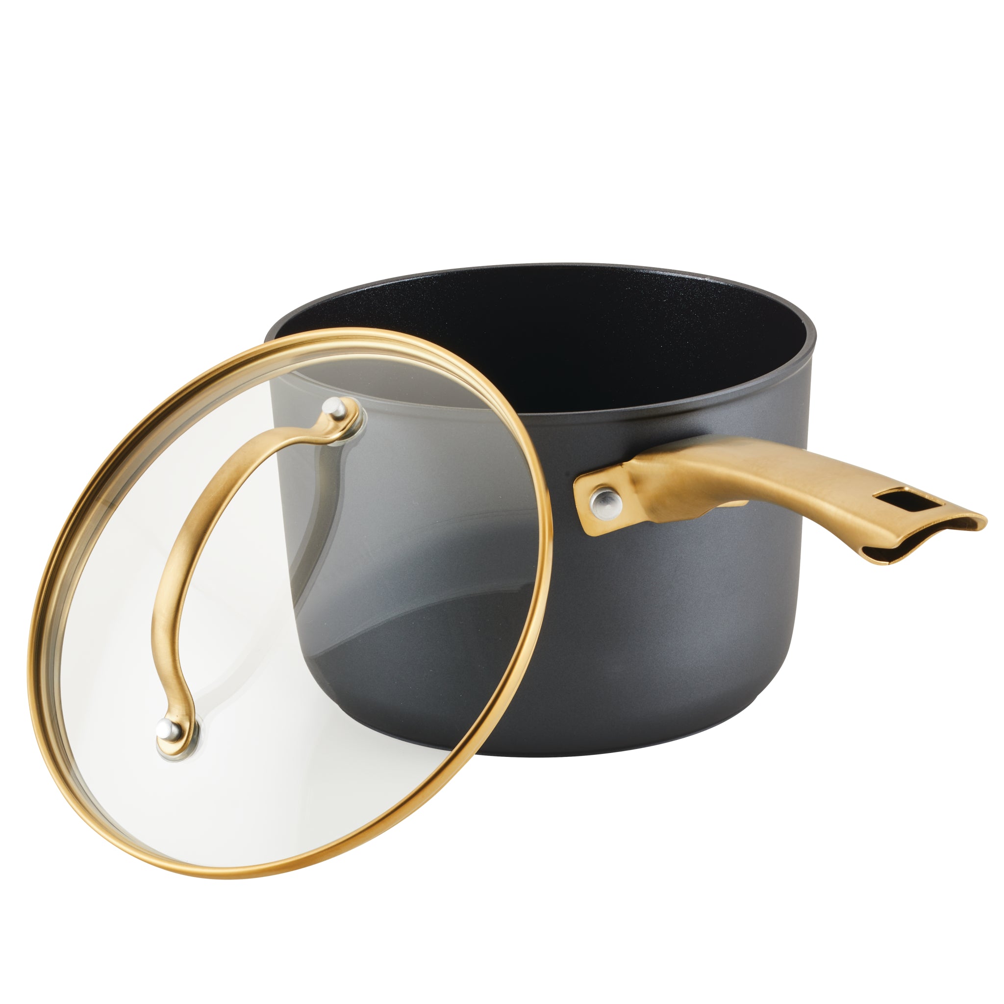 A 3-quart saucepan with a glass lid, designed in gray with a gold handle, made from forged aluminum and featuring an induction-ready ceramic nonstick surface.