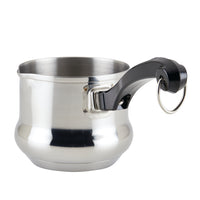 Stainless steel saucepan with a black handle and ring attachment.