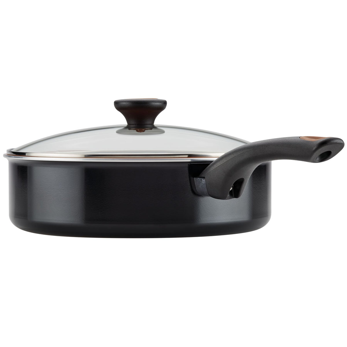 Black saucepan with a glass lid and a black handle.