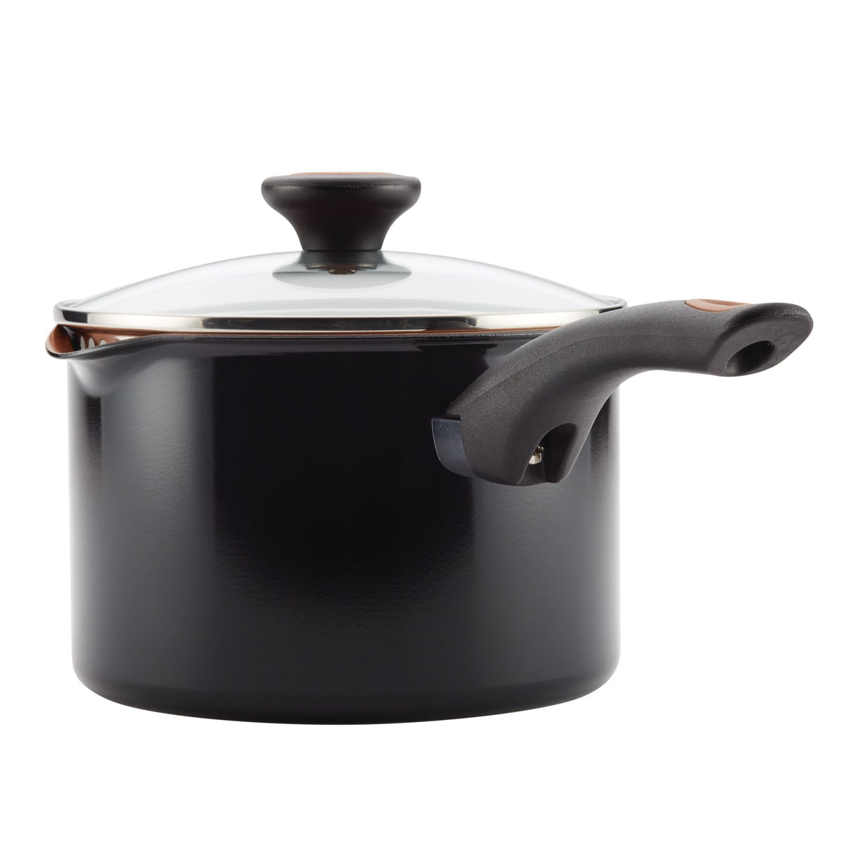 A black saucepan with a glass lid and a black handle.