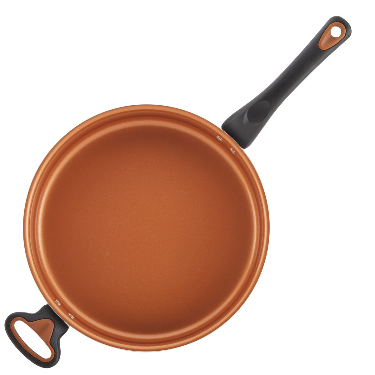 Copper-colored frying pan with a black handle and auxiliary grip.