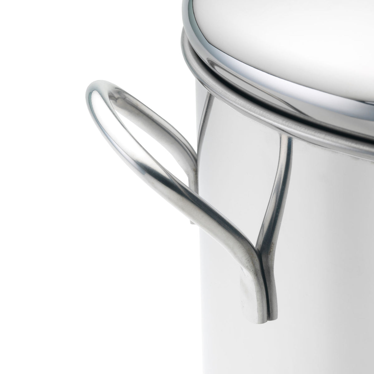 Close-up of a stainless steel pot with a handle and lid on a white background.