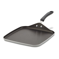 A square nonstick griddle pan with a black handle.