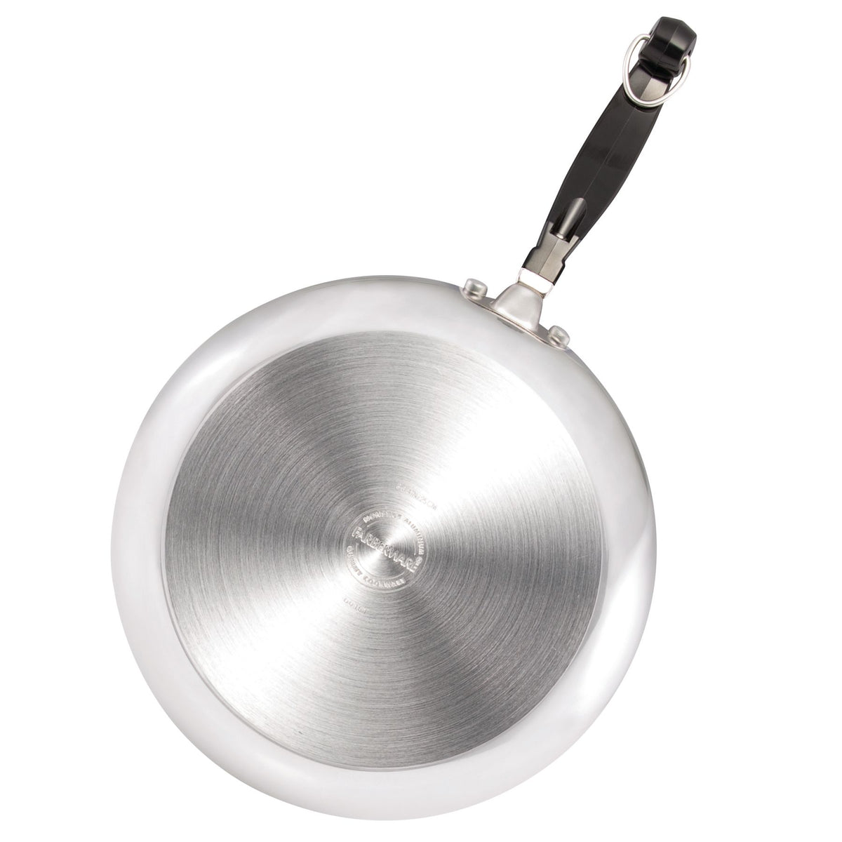 Bottom view of a stainless steel frying pan with a black handle.