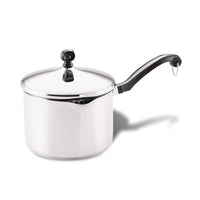 Stainless steel saucepan with lid and black handle.