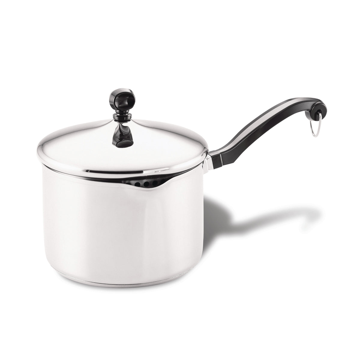 Stainless steel saucepan with lid and black handle.