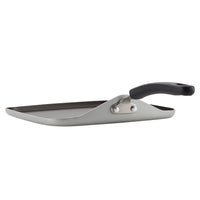 Nonstick frying pan with a black handle on a white background.