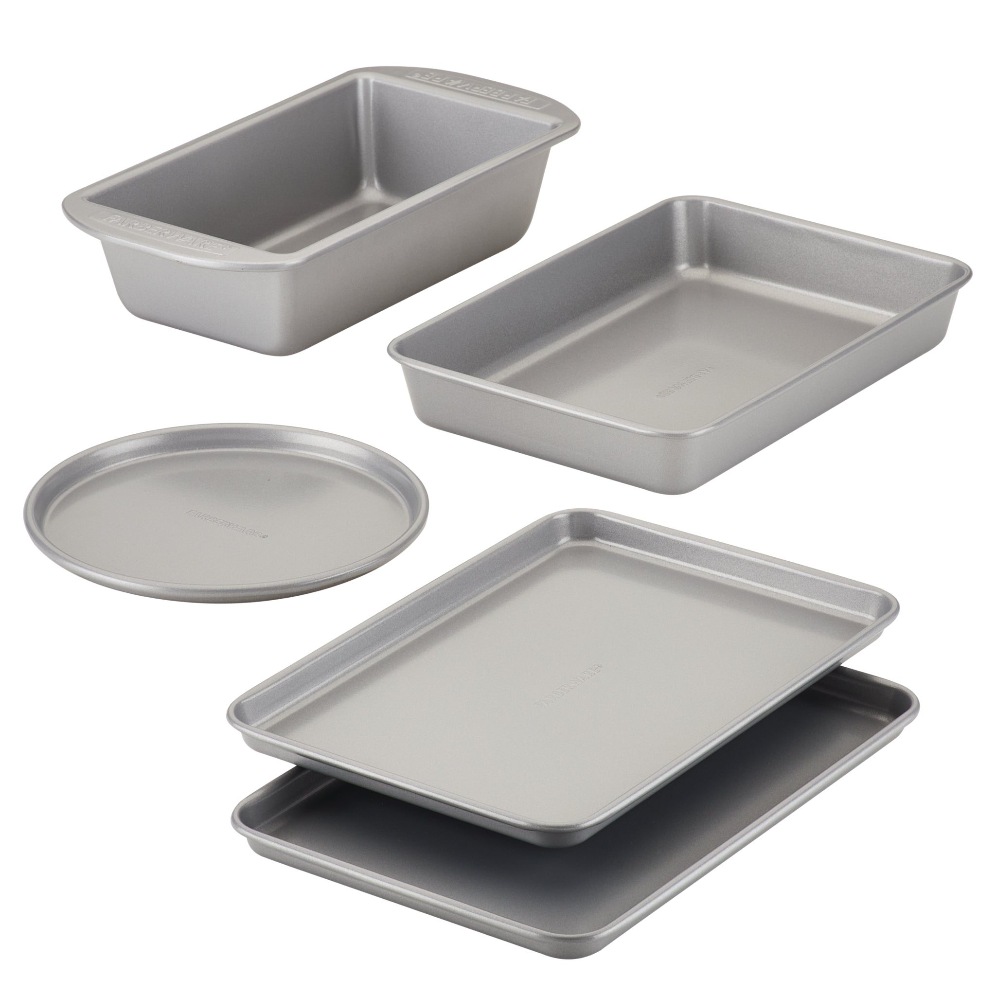 Five premium nonstick baking pans of various shapes and sizes from the 5-Piece Toaster Oven Bakeware Set are shown, perfect for all your culinary creations.