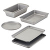 Five premium nonstick baking pans of various shapes and sizes from the 5-Piece Toaster Oven Bakeware Set are shown, perfect for all your culinary creations.