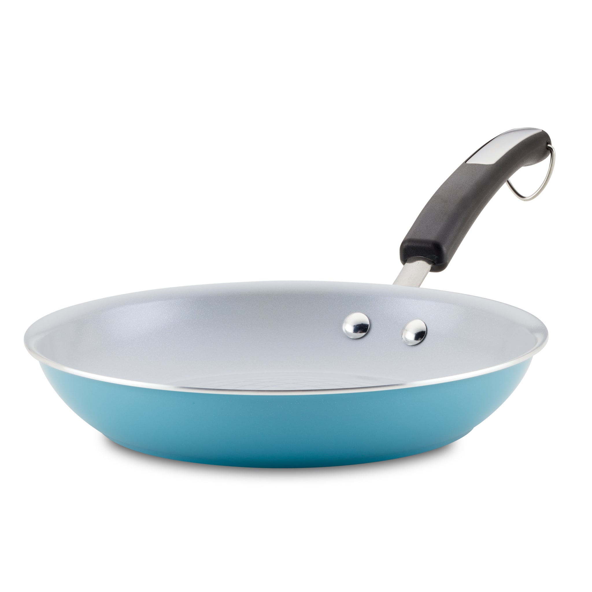 The 10-Inch Recycled Aluminum Ceramic Nonstick Frying Pan, in blue, is designed with a black handle and features a durable ceramic nonstick interior for effortless cooking and easy cleanup.