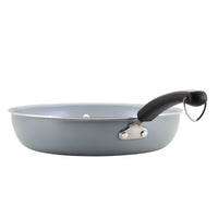 The 12.5-Inch Recycled Aluminum Ceramic Nonstick Deep Frying Pan comes in grey, features a black handle and a silver ring, and promotes healthy cooking with its ceramic nonstick surface.