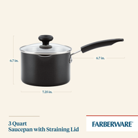 The 3-Quart Nonstick Straining Saucepan is designed for easy cooking with its labeled dimensions and features a straining lid. It's also dishwasher safe, ensuring effortless cleanup.