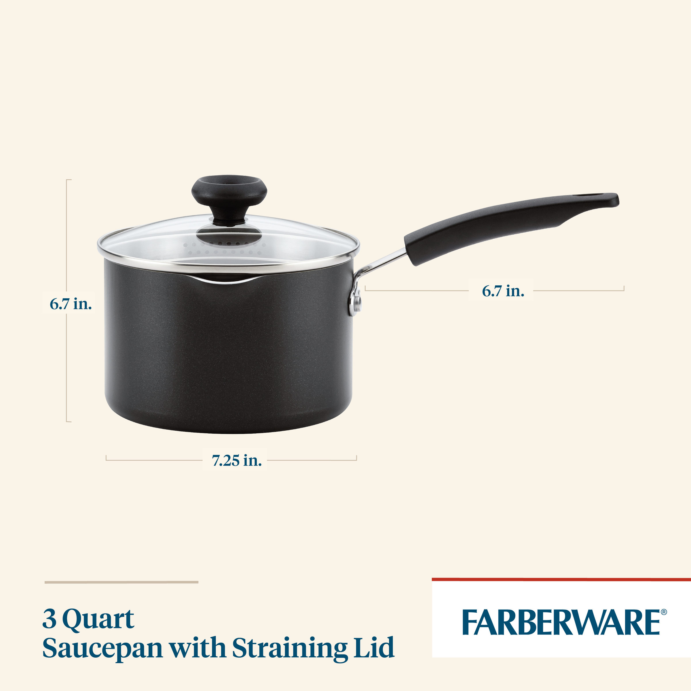 The 3-Quart Nonstick Straining Saucepan is designed for easy cooking with its labeled dimensions and features a straining lid. It's also dishwasher safe, ensuring effortless cleanup.