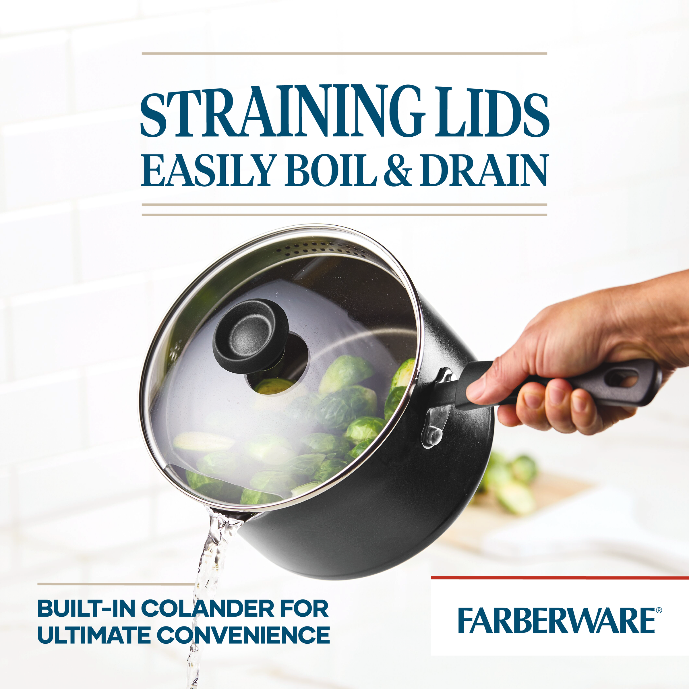 A hand holding the 3-Quart Nonstick Straining Saucepan with a lid, efficiently drains water from boiled vegetables, and it's also dishwasher safe for easy cleanup.