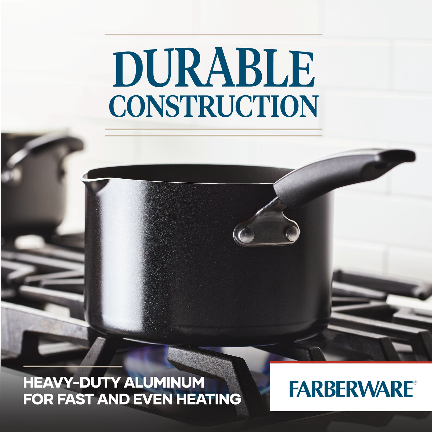A black 3-Quart Nonstick Straining Saucepan is shown on a stovetop with the text "Durable Nonstick Construction." This straining saucepan is also dishwasher safe for easy cleanup.