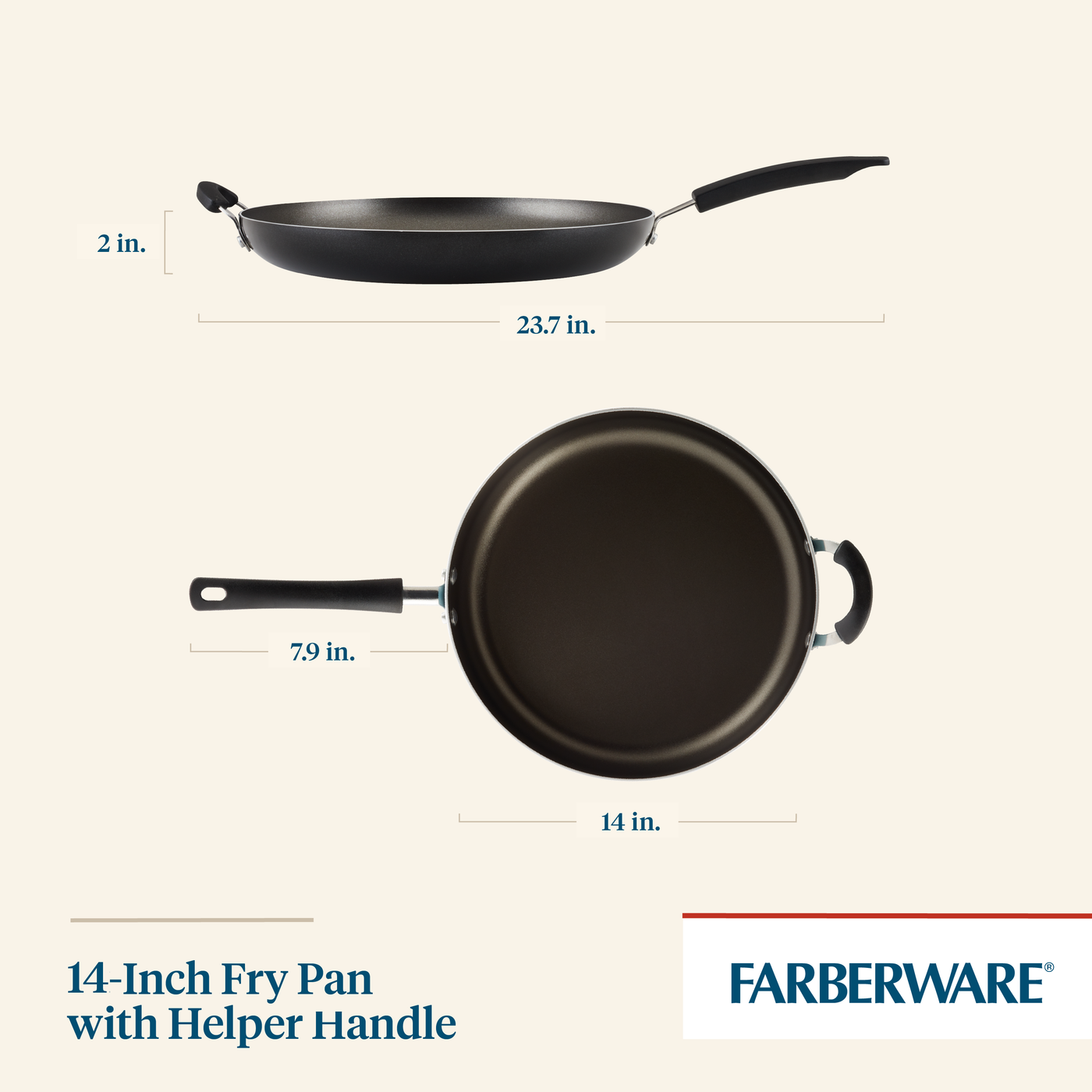 The 14-Inch Nonstick Frying Pan with Helper Handle is displayed from side and top views. It boasts DiamondMax™ nonstick technology for increased durability, making both cooking and cleanup easy since it is dishwasher-safe.