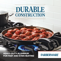 14-Inch Nonstick Frying Pan with Helper Handle featuring Durable Construction and DiamondMax™ nonstick coating sits on a gas stove, cooking meatballs in tomato sauce.