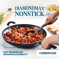 A person is cooking shrimp and vegetables in a 14-Inch Nonstick Frying Pan with Helper Handle, enjoying the convenience of a Farberware design that's also dishwasher-safe for quick cleanup.