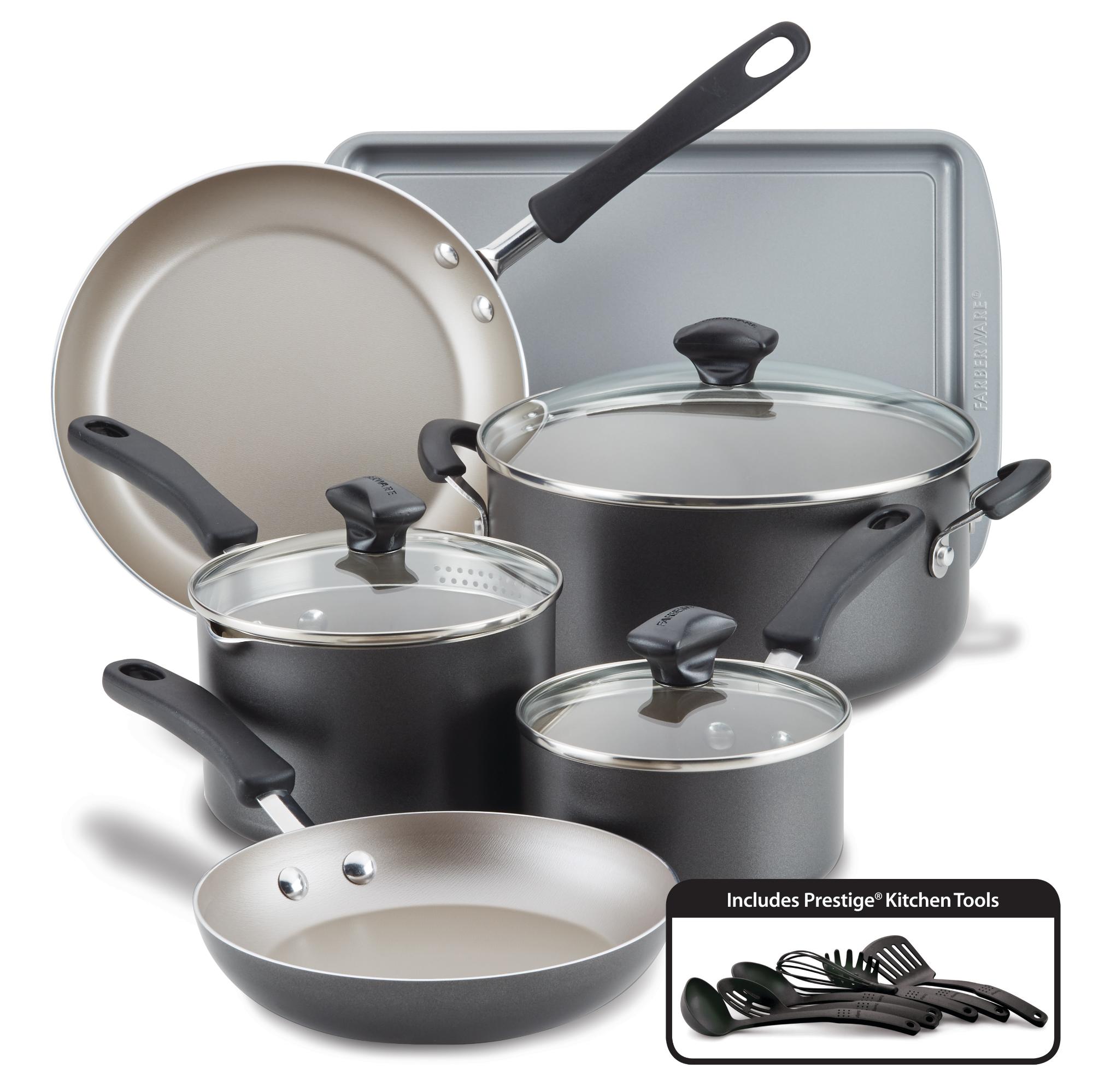 The 15-Piece Nonstick Cookware Set, made from heavy gauge aluminum, features pots, pans, lids, a baking tray, and essential kitchen tools.