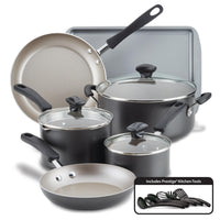This 15-Piece Nonstick Cookware Set includes pots, pans, lids, a baking sheet, and essential kitchen tools. Made from heavy gauge aluminum and enhanced with DiamondMax technology, it guarantees durability and superior heat distribution for exceptional cooking results.