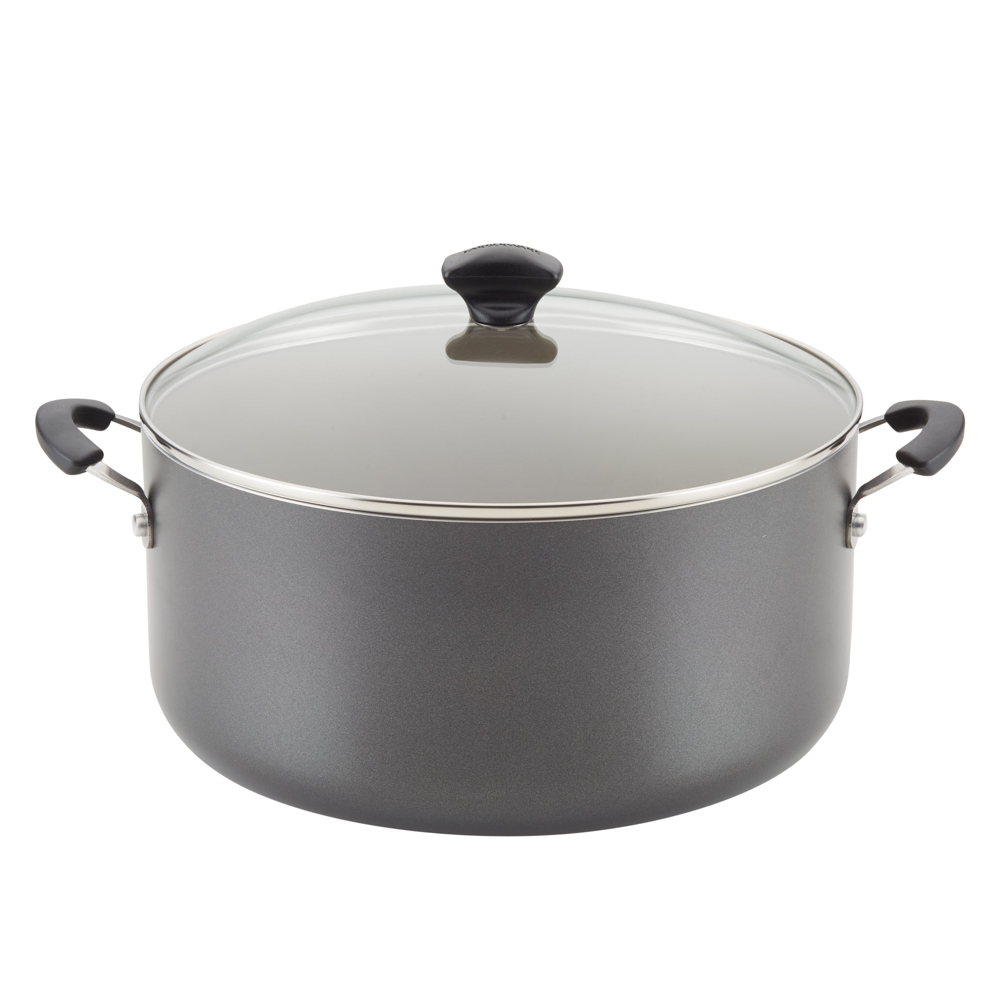 The 10.5-Quart Nonstick Stockpot with Lid is a large black cooking pot that features a glass lid and black handles, constructed from aluminum with a nonstick interior for hassle-free cooking. Plus, it’s dishwasher safe for easy cleanup.
