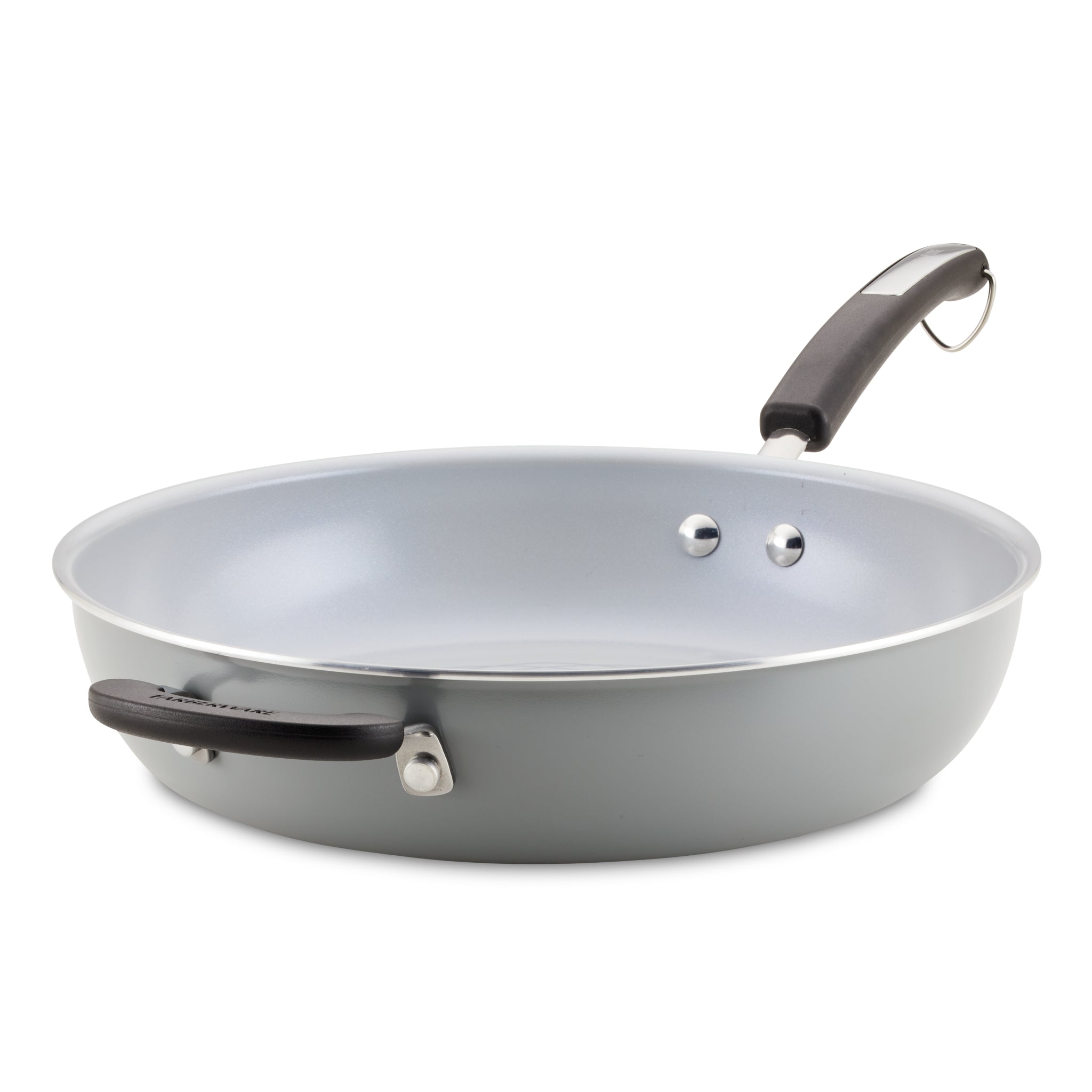 The 12.5-Inch Recycled Aluminum Ceramic Nonstick Deep Frying Pan features a gray finish with a black handle and an additional side handle, making it ideal for healthy cooking.
