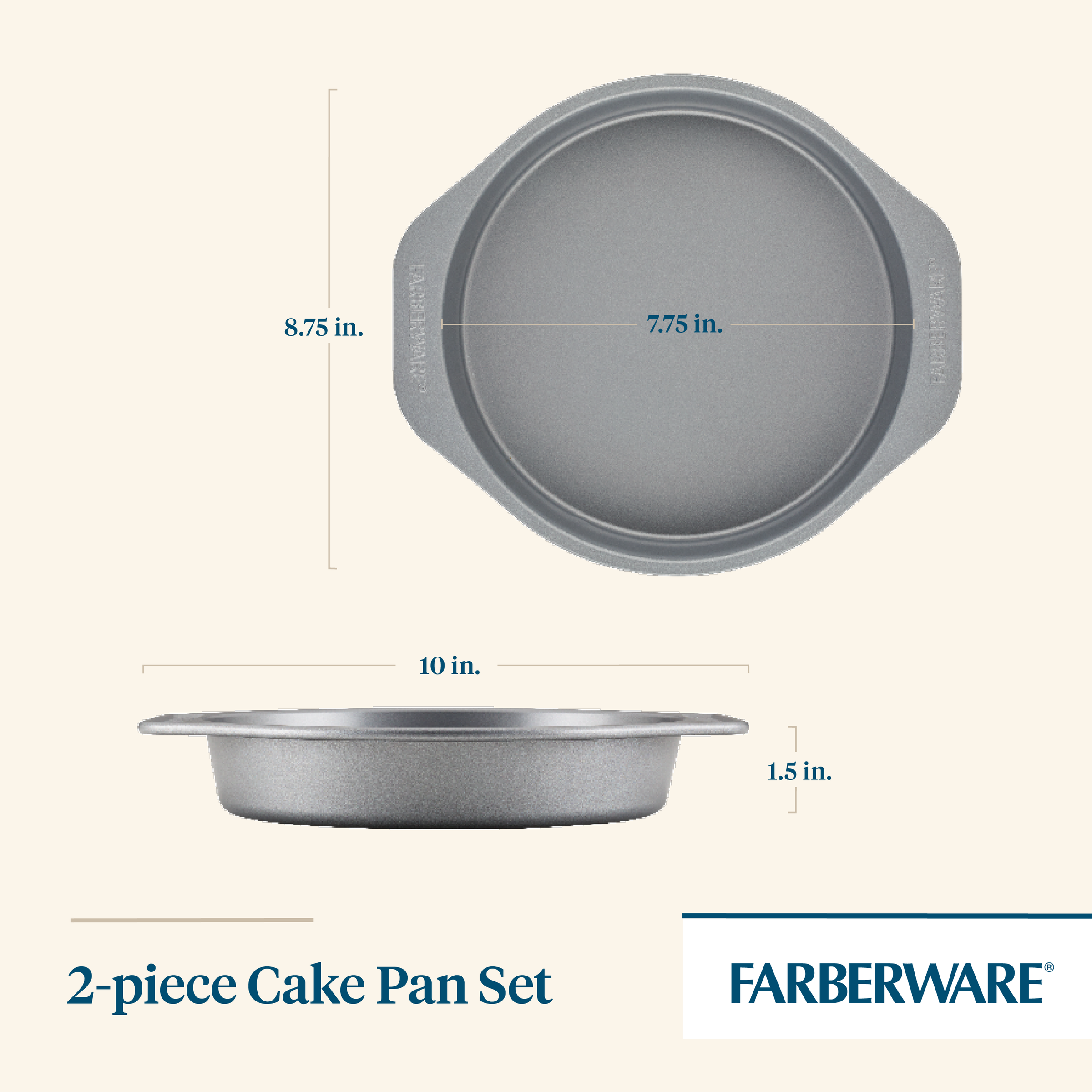 Diagram of the 2-Piece Nonstick Round Cake Pan Set, crafted from heavy-gauge steel for even heating, labeled Farberware.